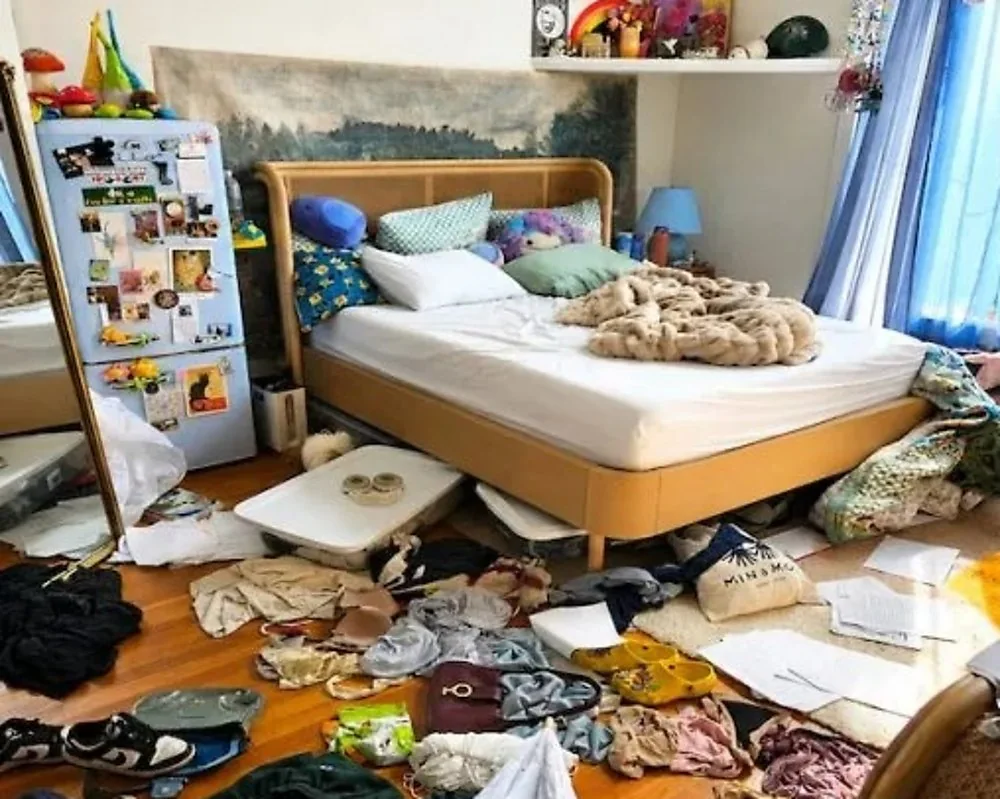 Before: the same bedroom with clothes and papers across the floor and the bed unmade